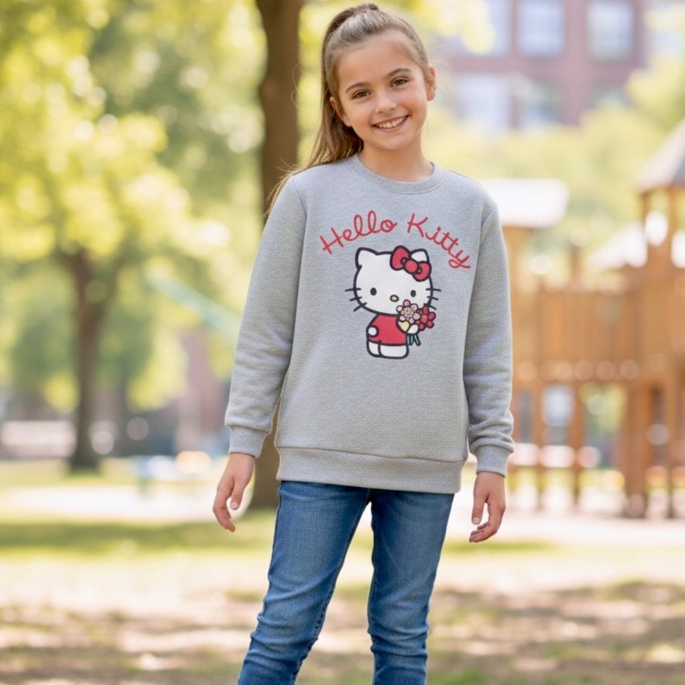 Hello Kitty Fleece Crewneck – Floral Bouquet Graphic, Embroidered‎ Lettering